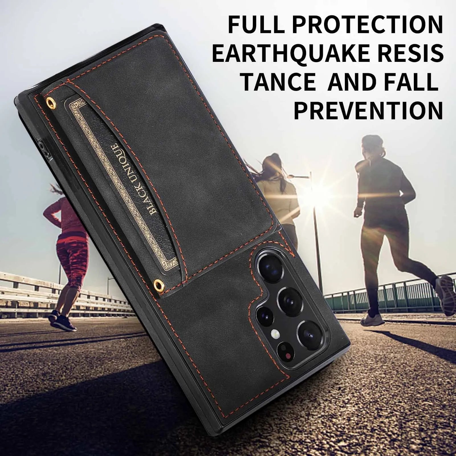 Three-fold wallet card-inserting phone case for Samsung in black, showing card slots and back cover design