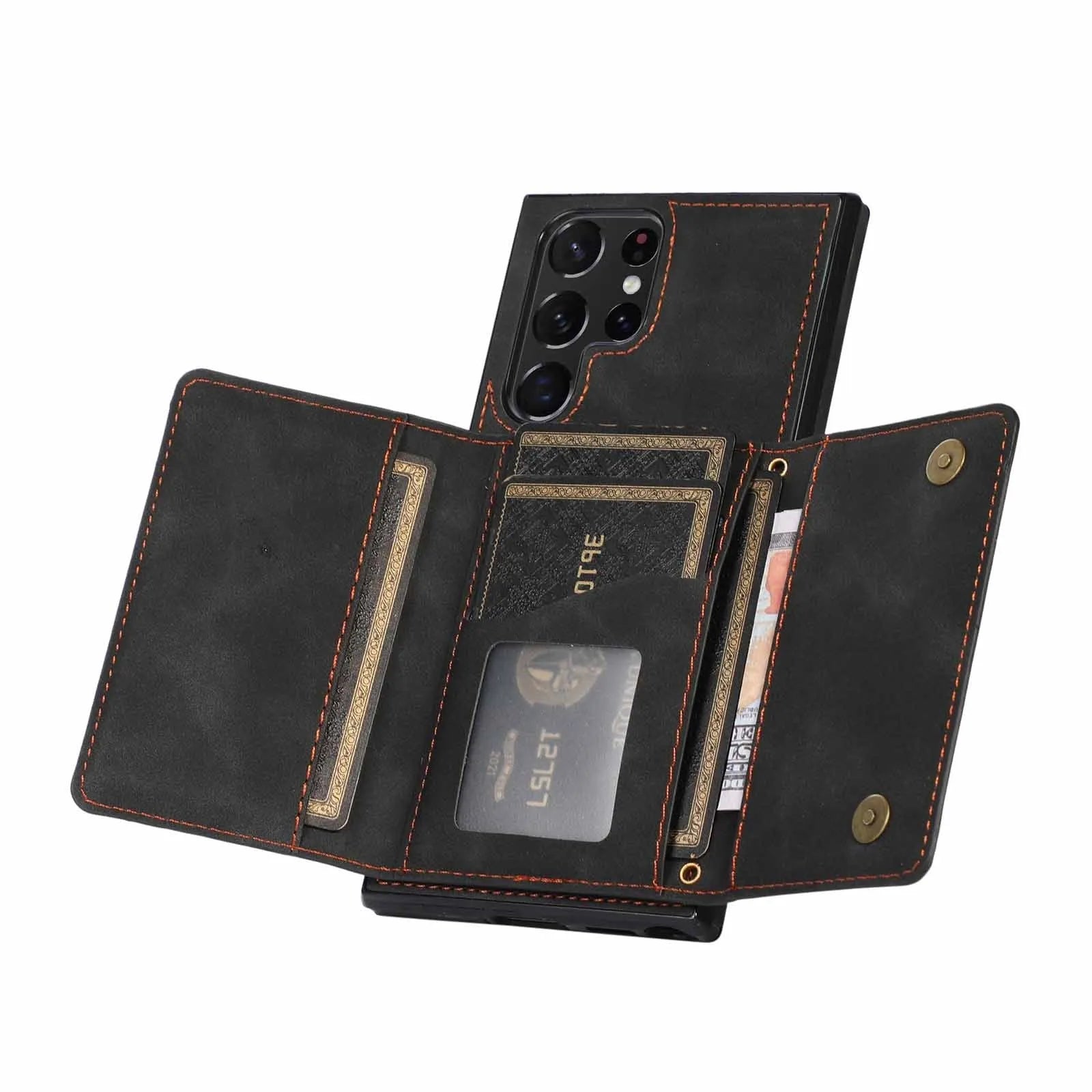 Three-fold wallet card-inserting phone case for Samsung in black, showing card slots and back cover design