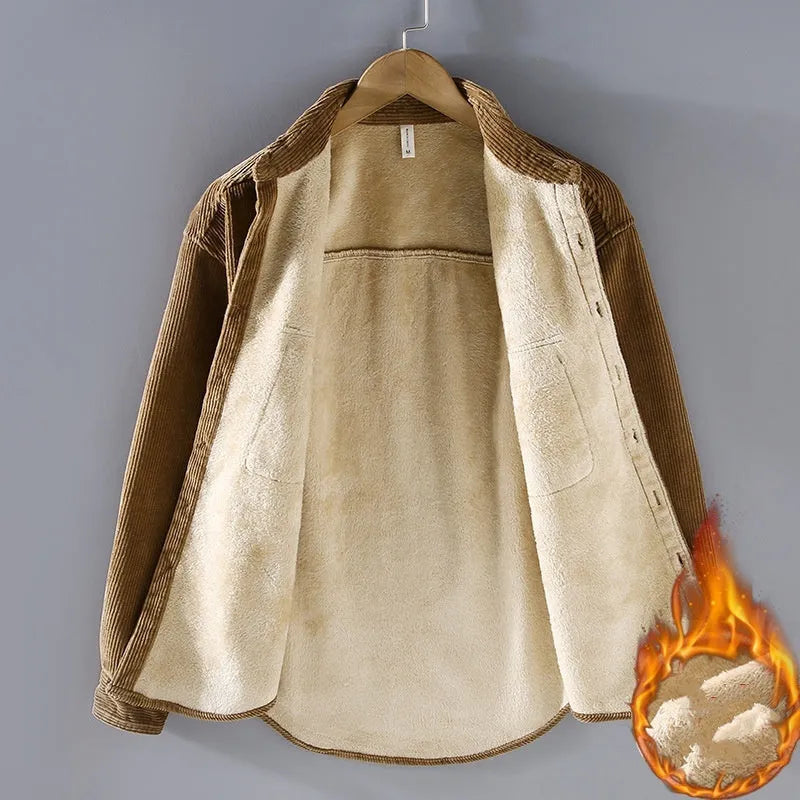 Men's fleece lined corduroy coat shirt in solid colour loose fit Japanese retro style with long sleeves