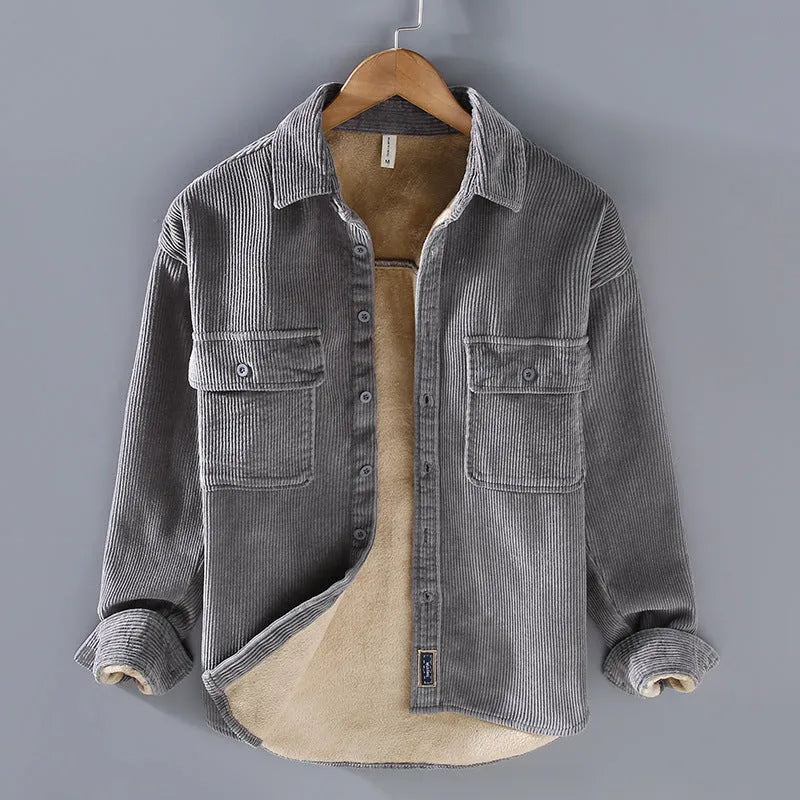 Men's fleece lined corduroy coat shirt in solid colour loose fit Japanese retro style with long sleeves
