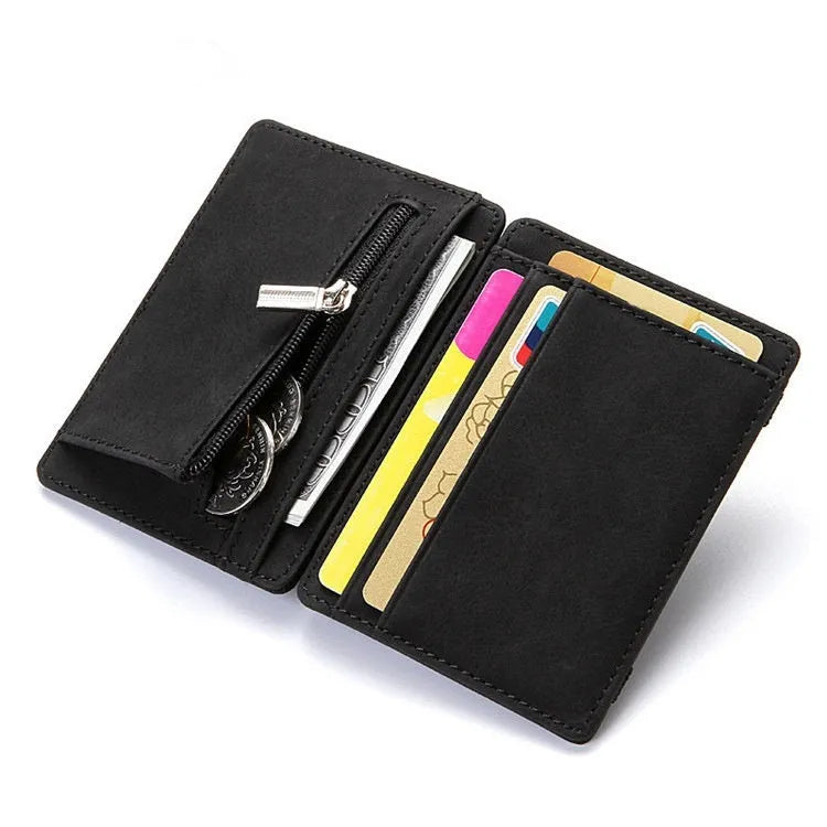 PU leather flip card holder wallet with zipper coin purse in multiple colours showing RFID anti-theft design
