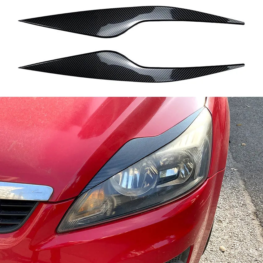 Pair of ABS plastic headlight eyebrow stickers for Ford Focus in carbon fibre pattern finish