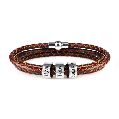 Personalized braided leather bracelet with engraved charm for men, available in black, brown, and navy colors