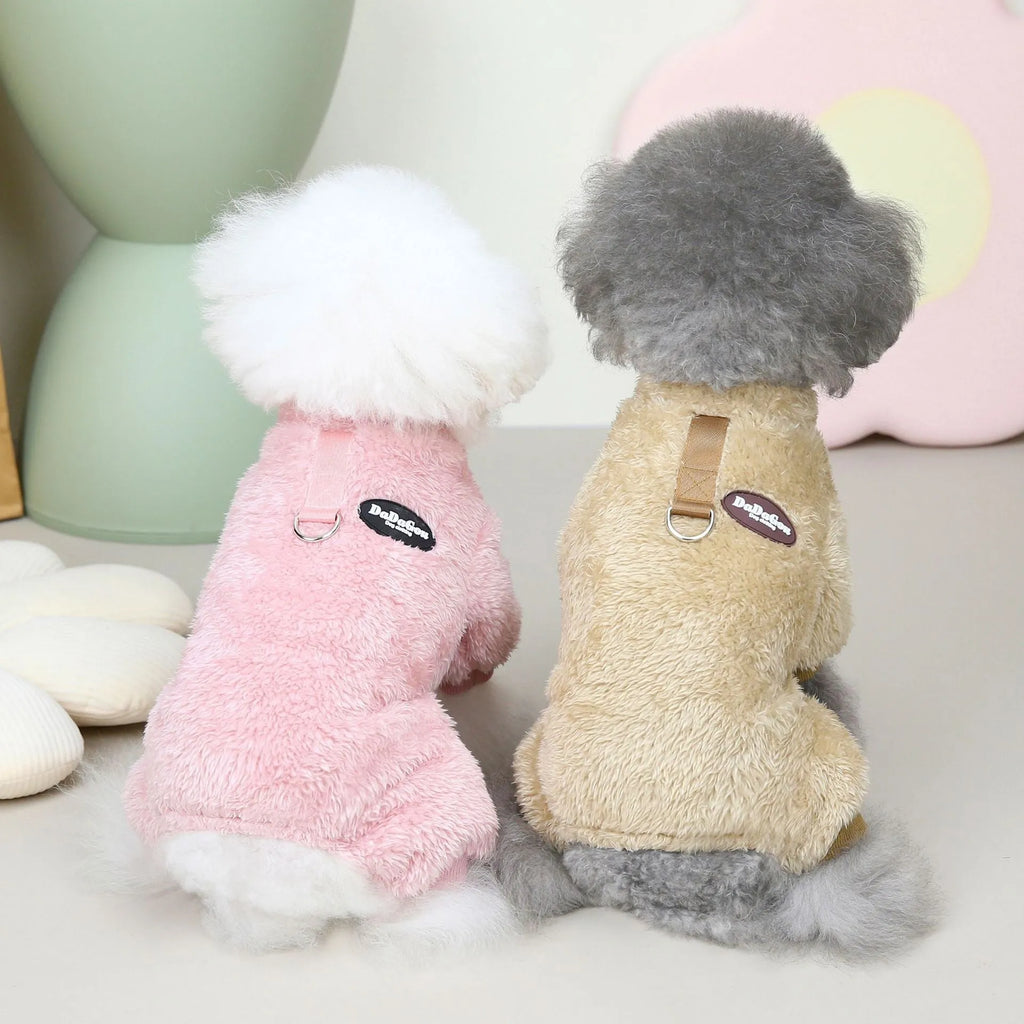 Small dog wearing a three-colour pull-ring four-leg fluffy coat in Brown, made from coral fleece