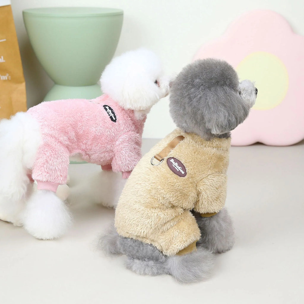 Small dog wearing a three-colour pull-ring four-leg fluffy coat in Brown, made from coral fleece