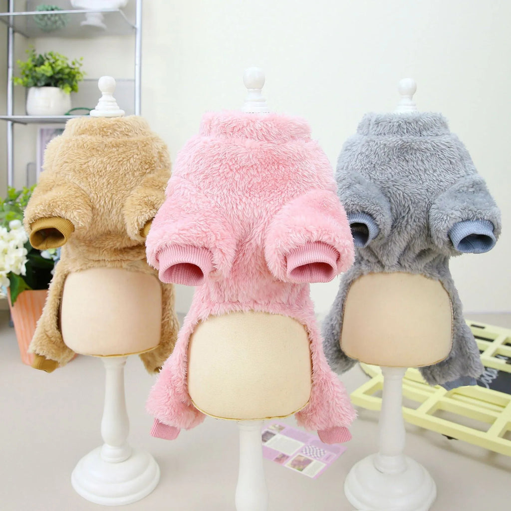 Small dog wearing a three-colour pull-ring four-leg fluffy coat in Brown, made from coral fleece
