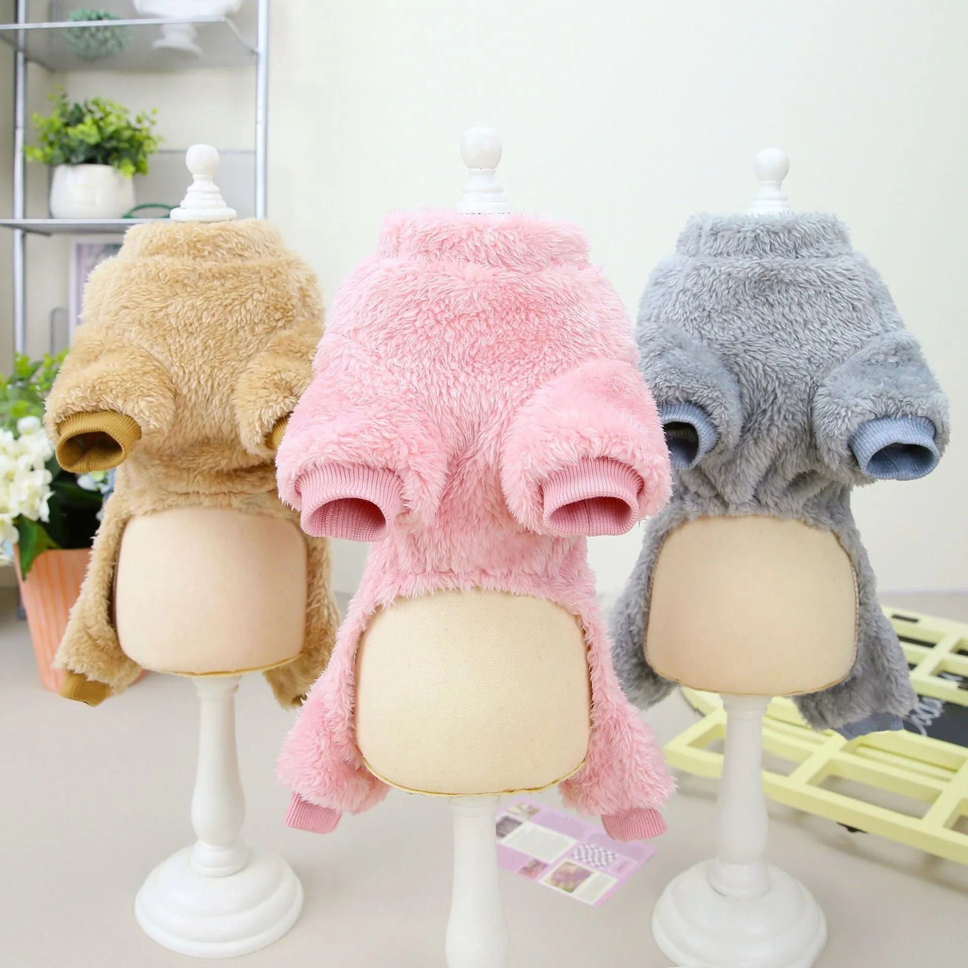 Small dog wearing a three-colour pull-ring four-leg fluffy coat in Brown, made from coral fleece