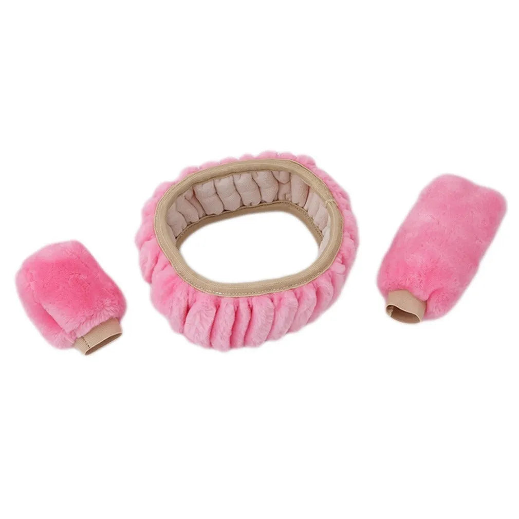 Plush winter car steering wheel cover set in beige, showing steering wheel, handbrake, and gear knob covers