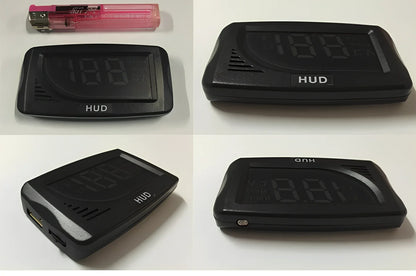 Black A101 OBD HUD display unit, 3-inch LED screen, 80mm x 50mm x 14mm size, showing speed projection