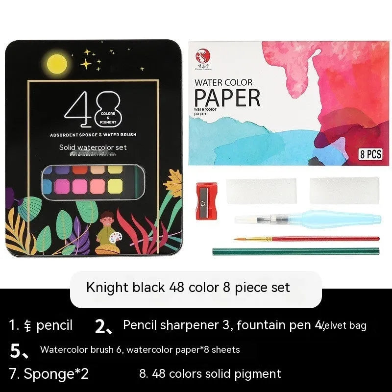 48 colour solid watercolour paint set showing Black Knight, Girl Pink and Sunshine Blue pans in plastic box