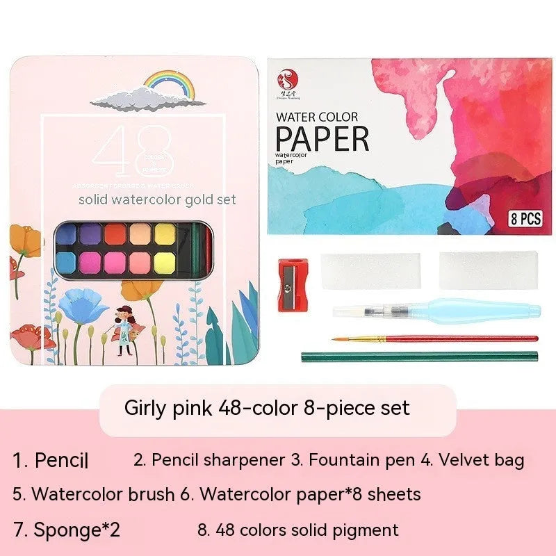 48 colour solid watercolour paint set showing Black Knight, Girl Pink and Sunshine Blue pans in plastic box