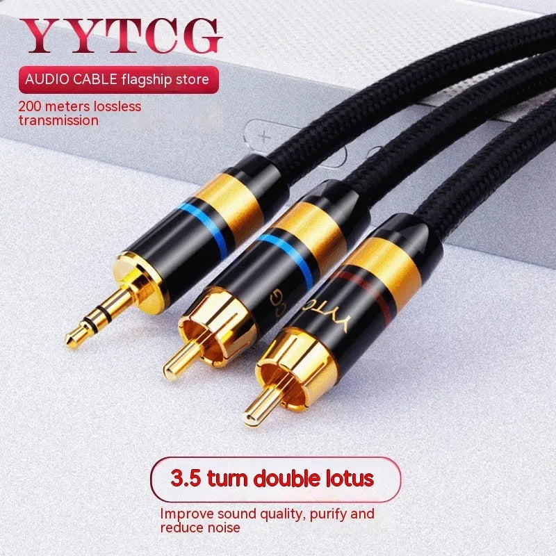 3.5mm to 2RCA computer audio cable with PVC cotton net sheath, available in multiple lengths