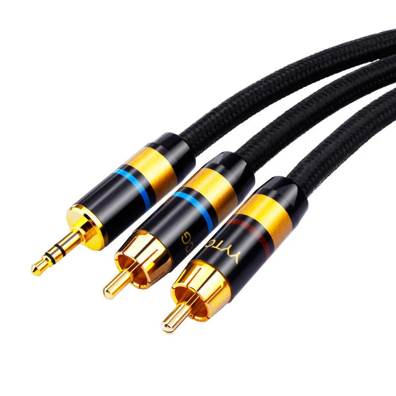 3.5mm to 2RCA computer audio cable with PVC cotton net sheath, available in multiple lengths