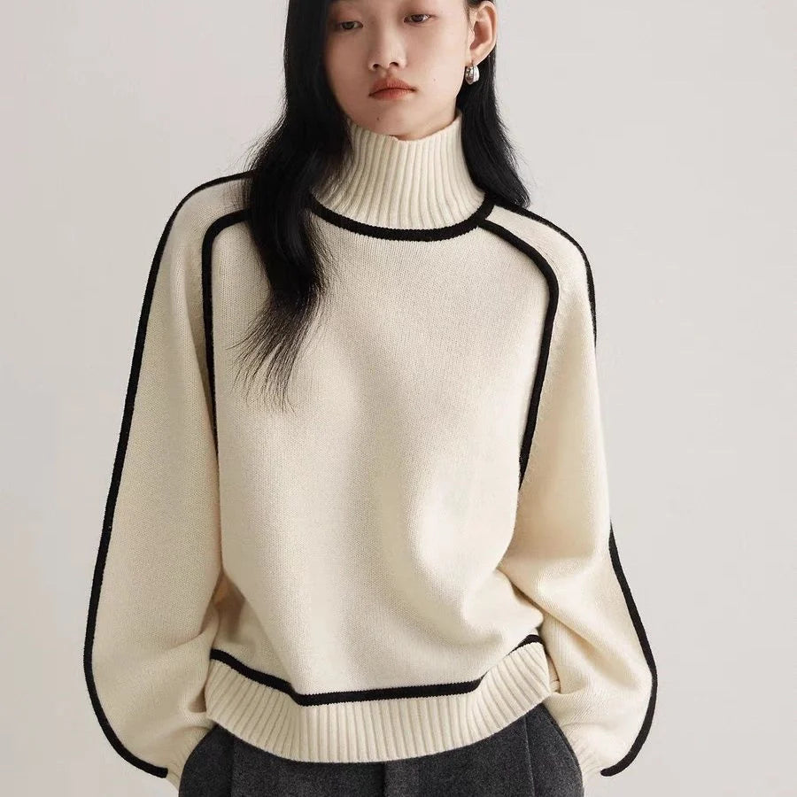 Half turtleneck knitted sweater in creamy white with three-dimensional design