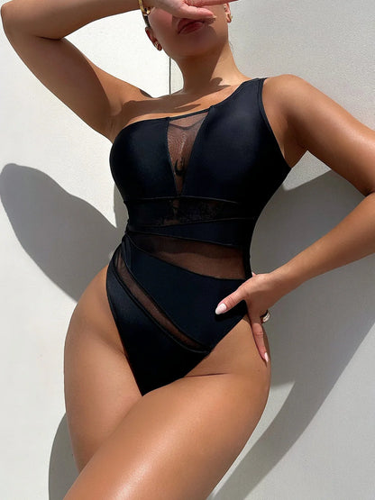 Black one-piece swimsuit for women with polyester-spandex lining in S, M, L sizes