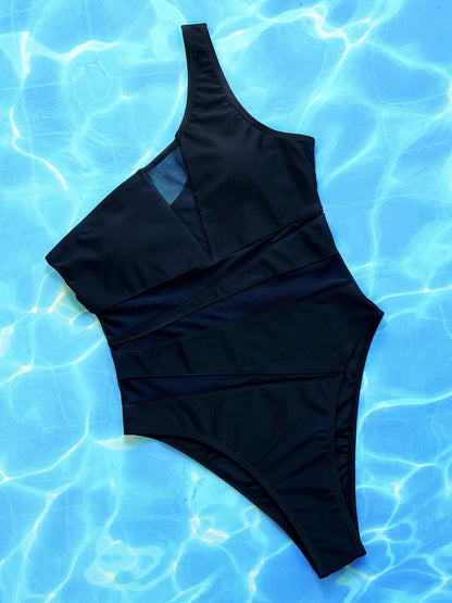 Black one-piece swimsuit for women with polyester-spandex lining in S, M, L sizes