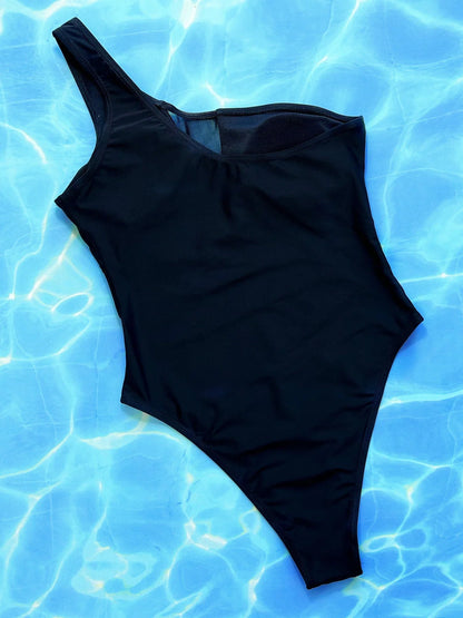 Black one-piece swimsuit for women with polyester-spandex lining in S, M, L sizes