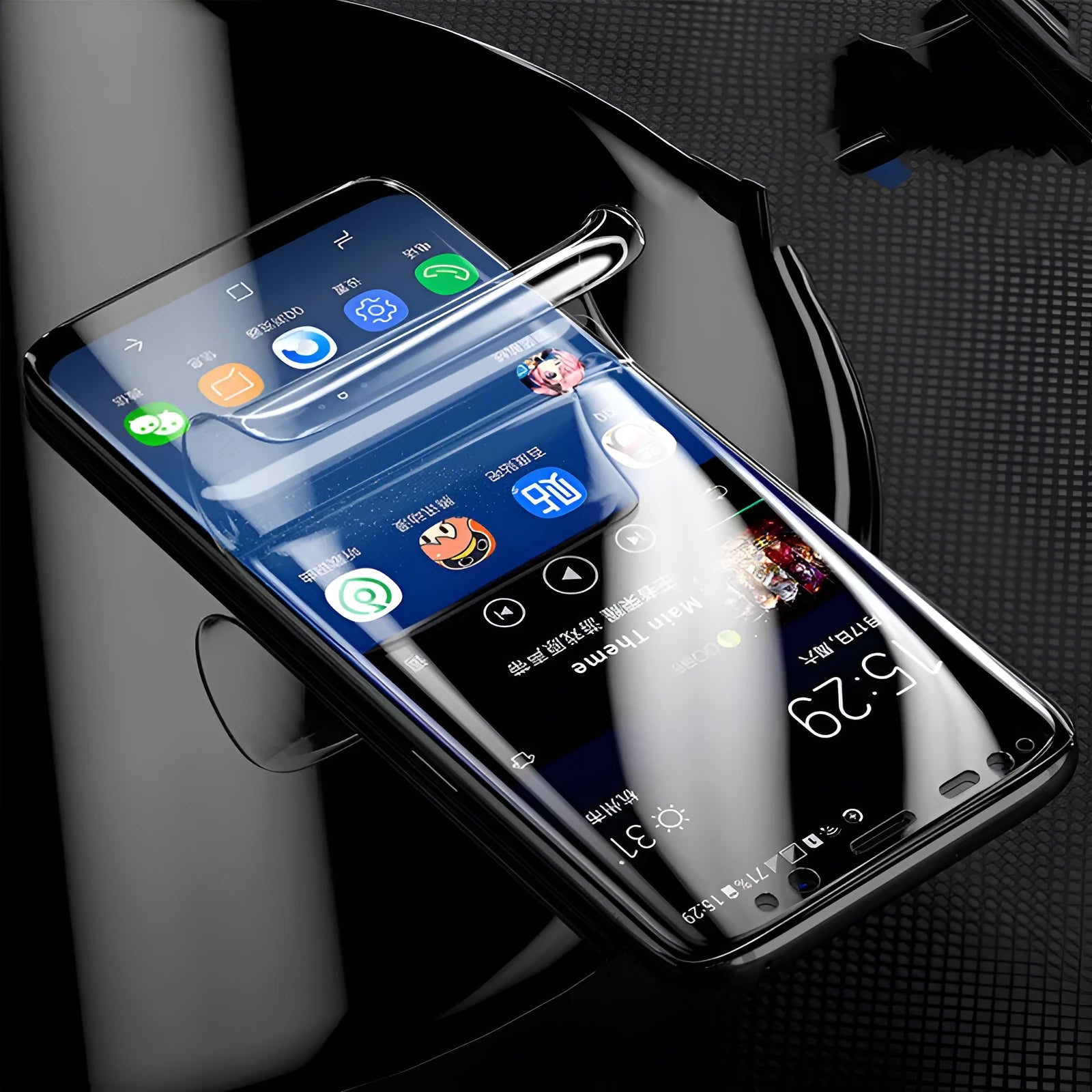 Purple Light hydraulic film screen protector for Samsung Galaxy S series phones on a matte surface.