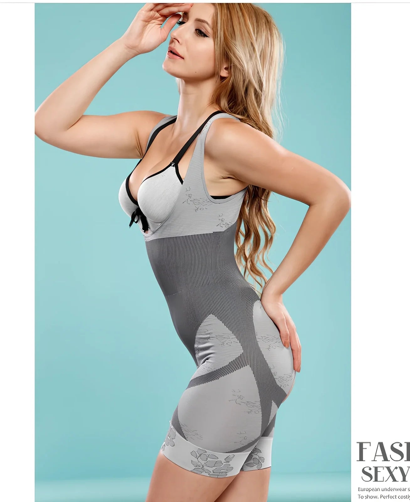 Black nylon women's tummy control bodysuit with U-neck and lace briefs for abdomen and hip shaping, sizes S-3XL