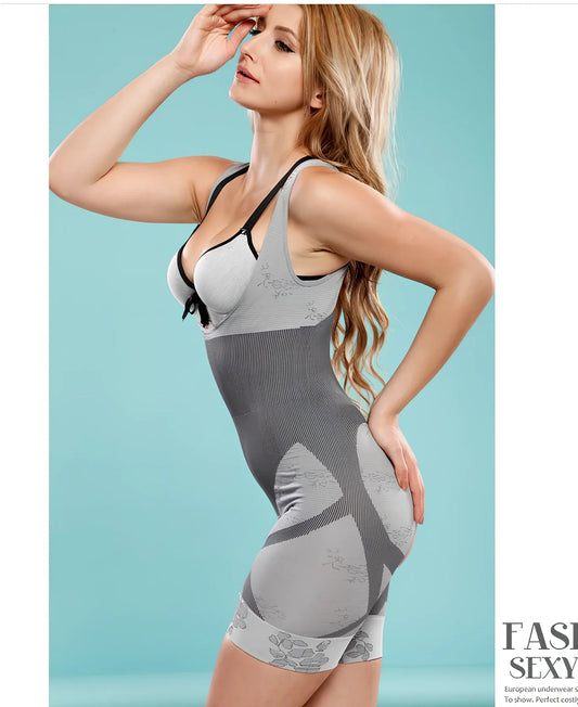 Black nylon women's tummy control bodysuit with U-neck and lace briefs for abdomen and hip shaping, sizes S-3XL