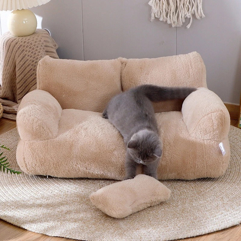 Cozy and stylish plush pet bed with thick backrest and anti-slip base, perfect for cats and small dogs