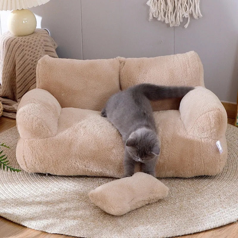 Luxury cat bed sofa in mousse coffee colour with thick backrest and plush pillow on anti-slip base