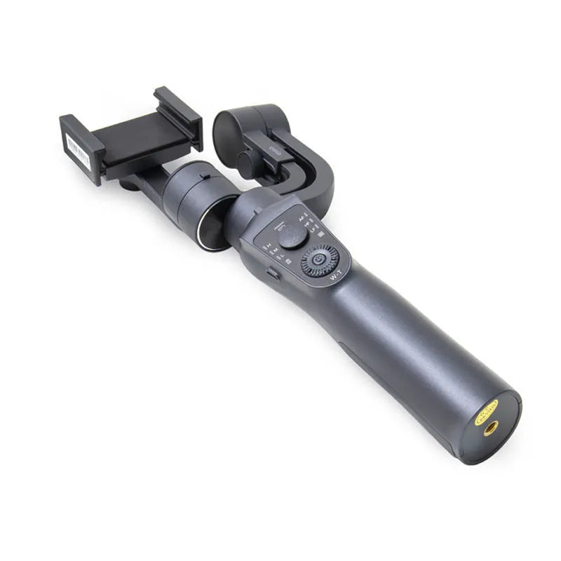 Black three-axis handheld gimbal stabilizer for mobile phones showing dimensions and construction