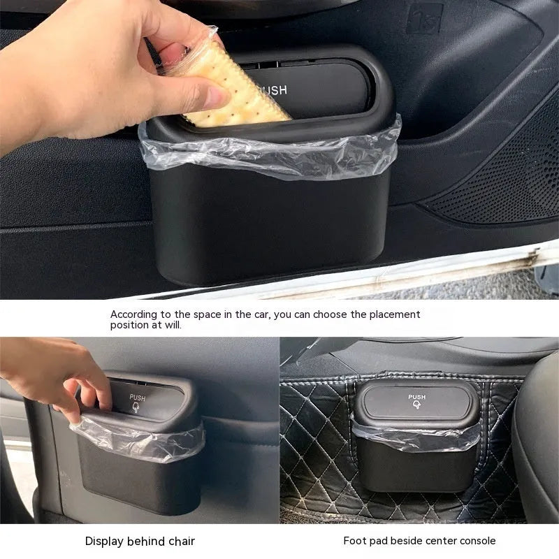 Black folding plastic car trash can shown in a vehicle footwell.