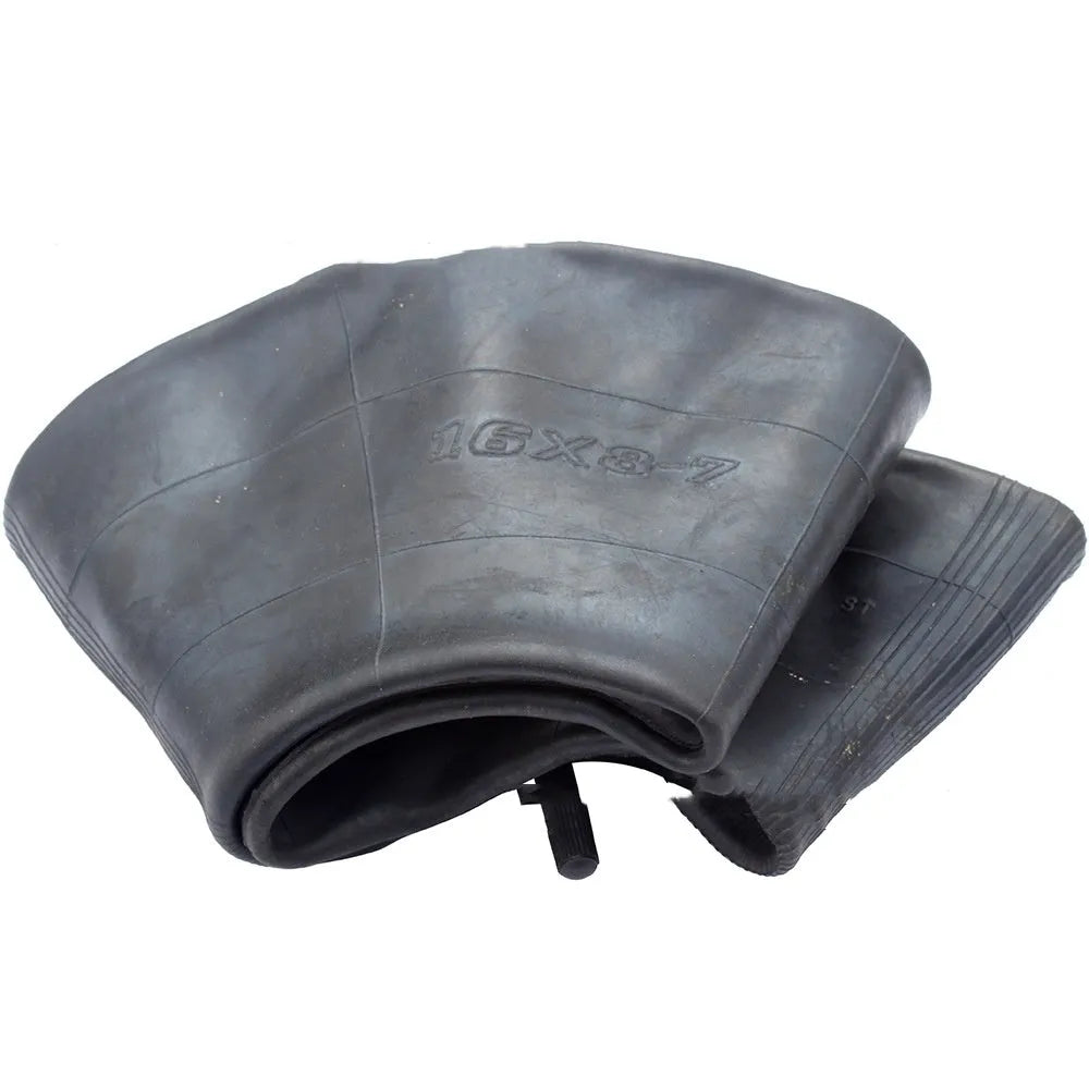 Set of two 16x8.00-7 black rubber inner tubes with TR13 straight valve stems and dust caps.