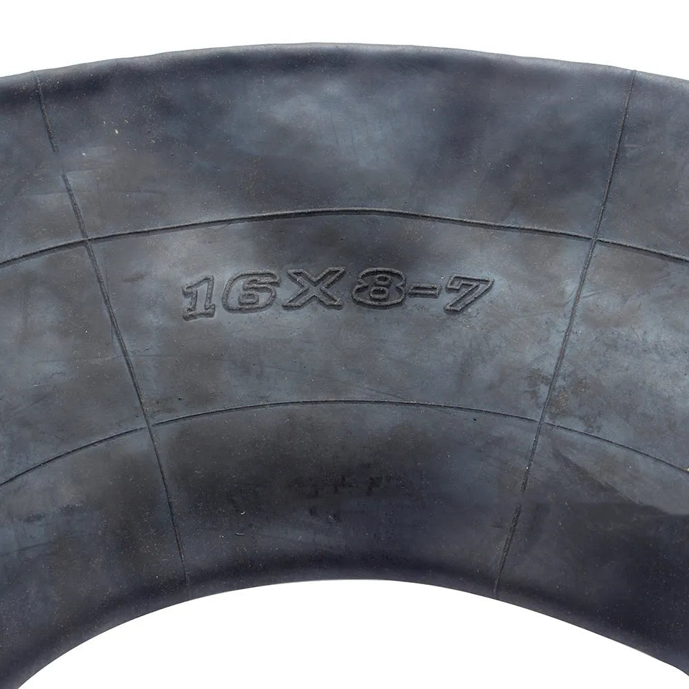 Set of two 16x8.00-7 black rubber inner tubes with TR13 straight valve stems and dust caps.