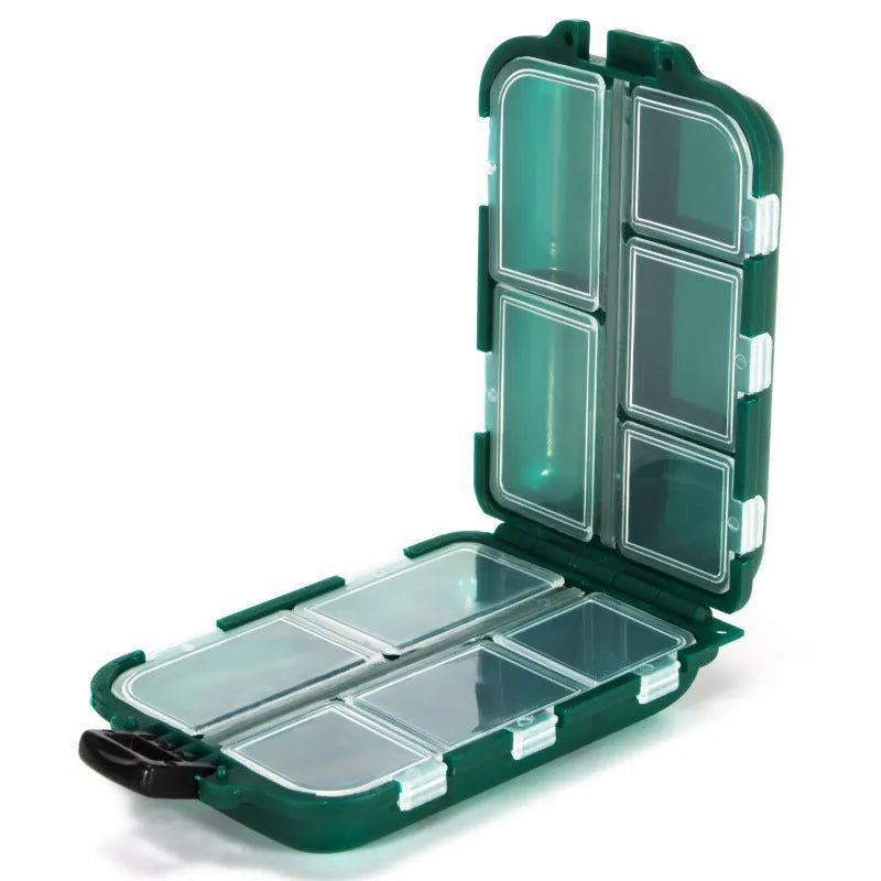 Plastic fishing tackle storage box with 10 compartments in black, blue, or green colours