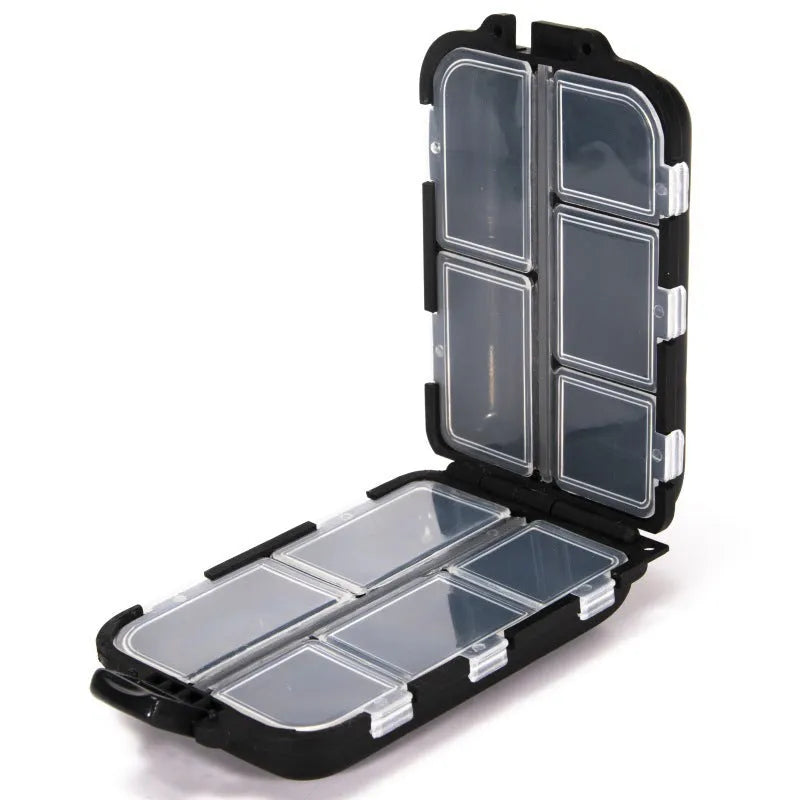 Plastic fishing tackle storage box with 10 compartments in black, blue, or green colours