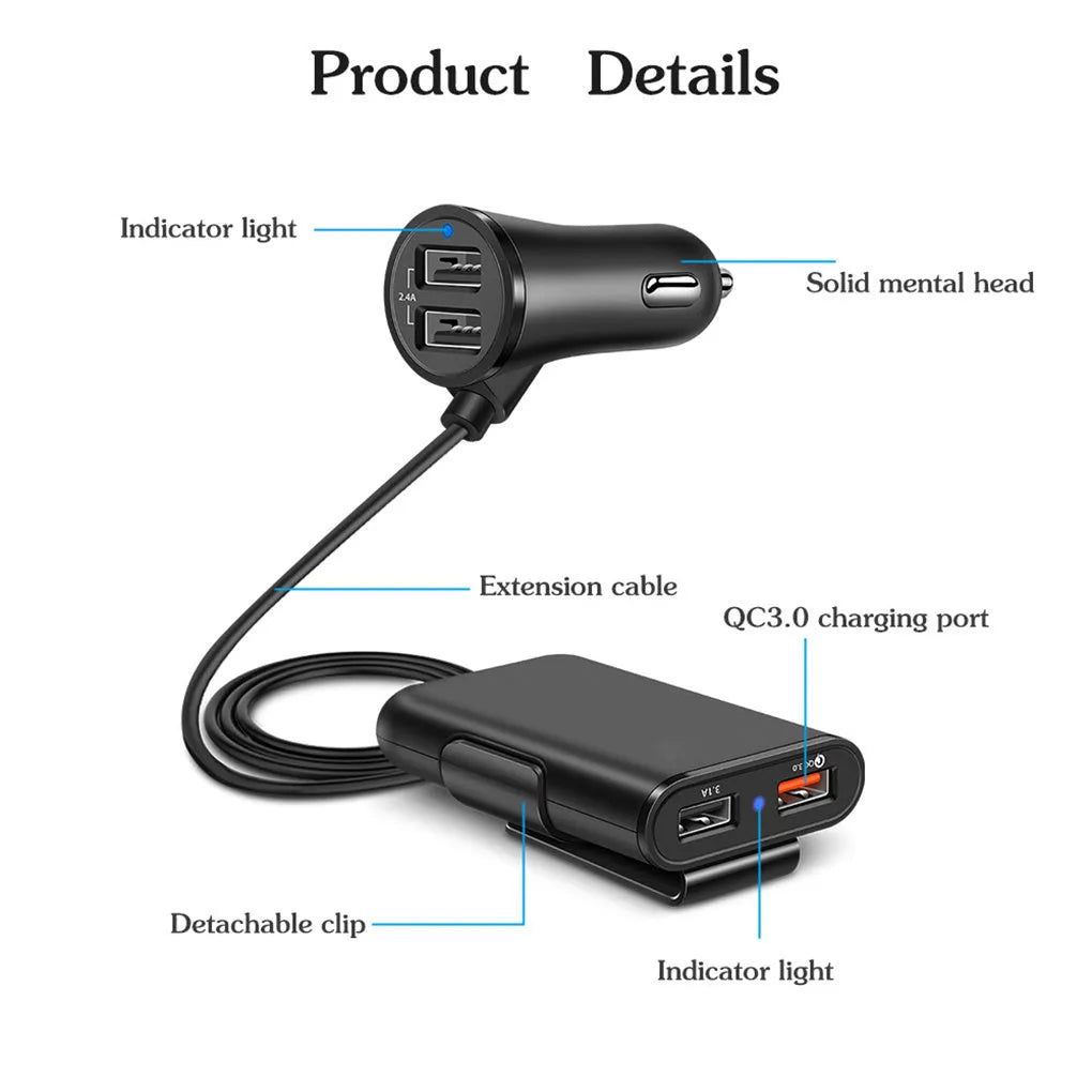 Black 36W fast charge car charger with QC3.0 and dual USB-A ports, blue LED light indicator