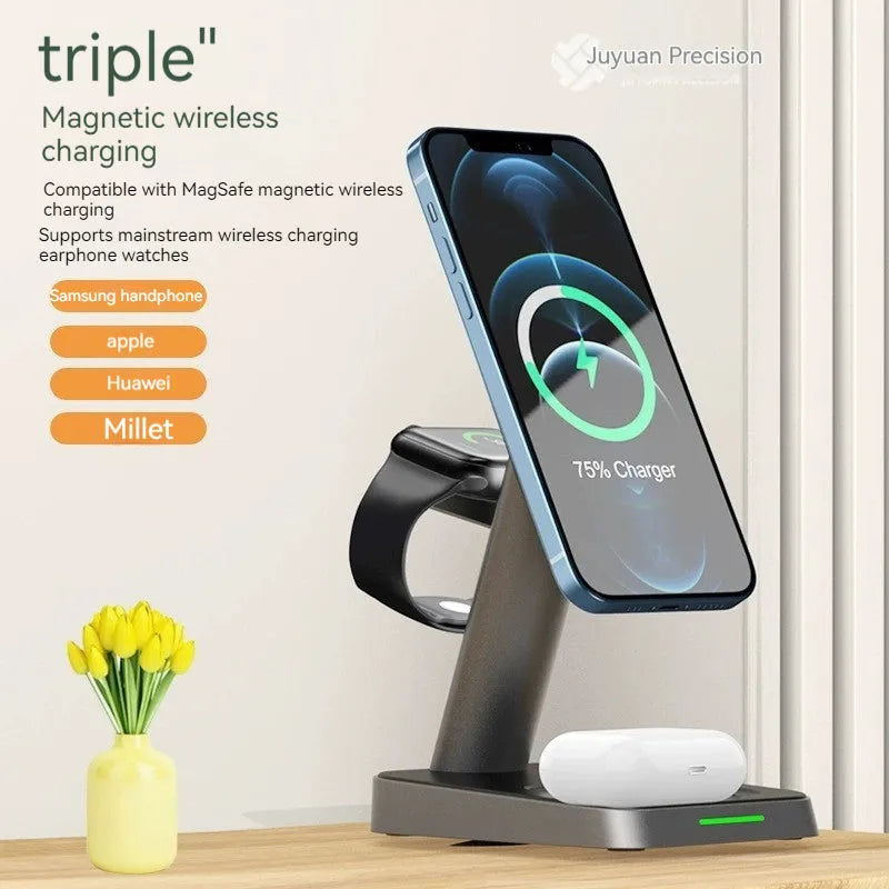 Black minimalist vertical wireless charger with integrated power bank and watch charging dock