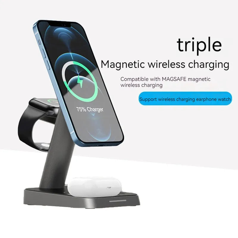 Black minimalist vertical wireless charger with integrated power bank and watch charging dock