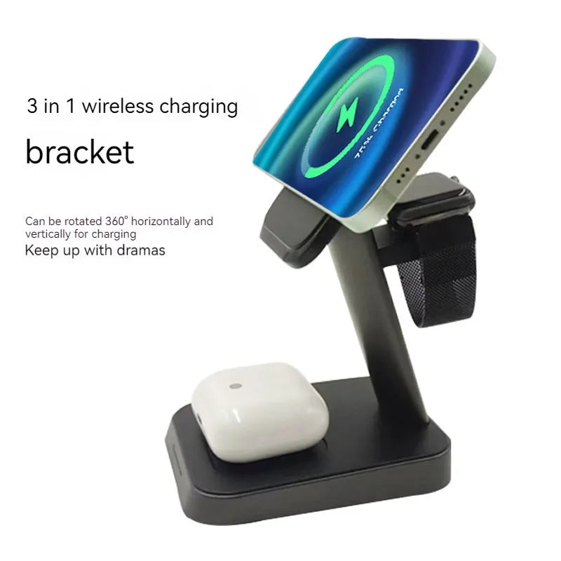 Black minimalist vertical wireless charger with integrated power bank and watch charging dock