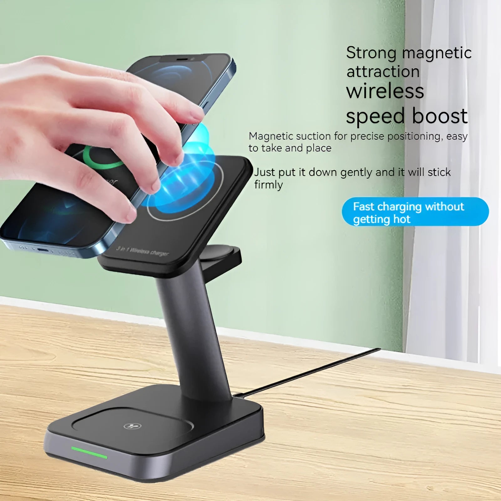 Black minimalist vertical wireless charger with integrated power bank and watch charging dock