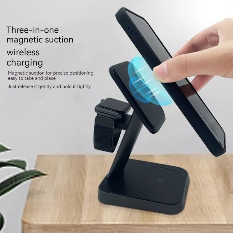 Black minimalist vertical wireless charger with integrated power bank and watch charging dock