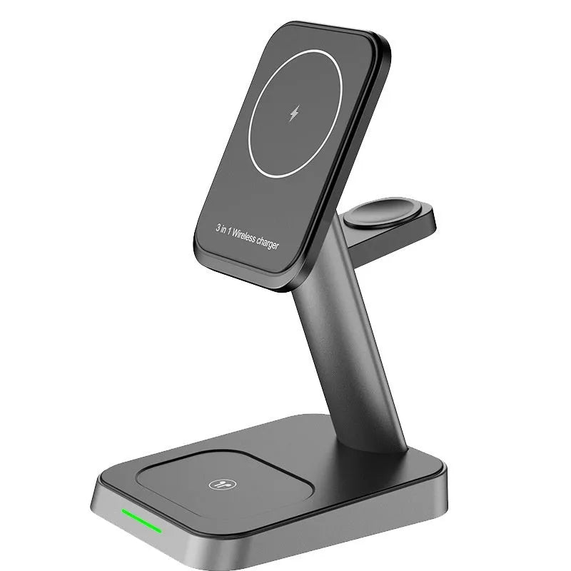Black minimalist vertical wireless charger with integrated power bank and watch charging dock