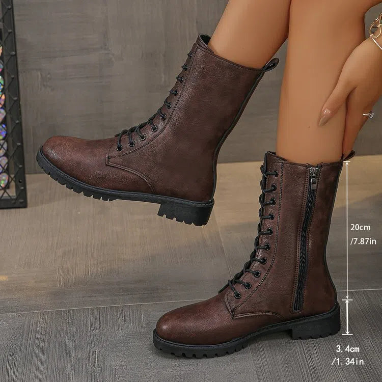 Women's flat mid-calf lace-up boots in brown with artificial PU upper and hollow design detail