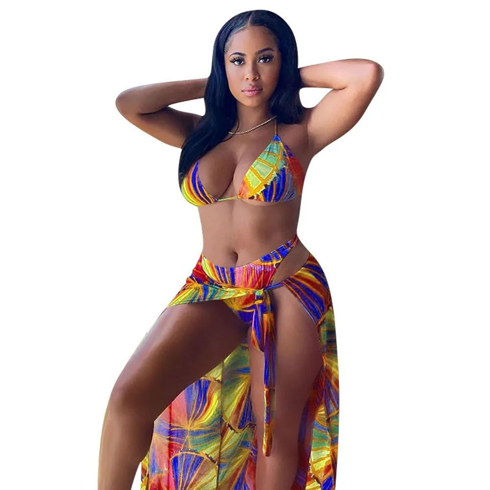 Split swimsuit bikini three-piece floral gradient print nylon women beach swimwear green orange red