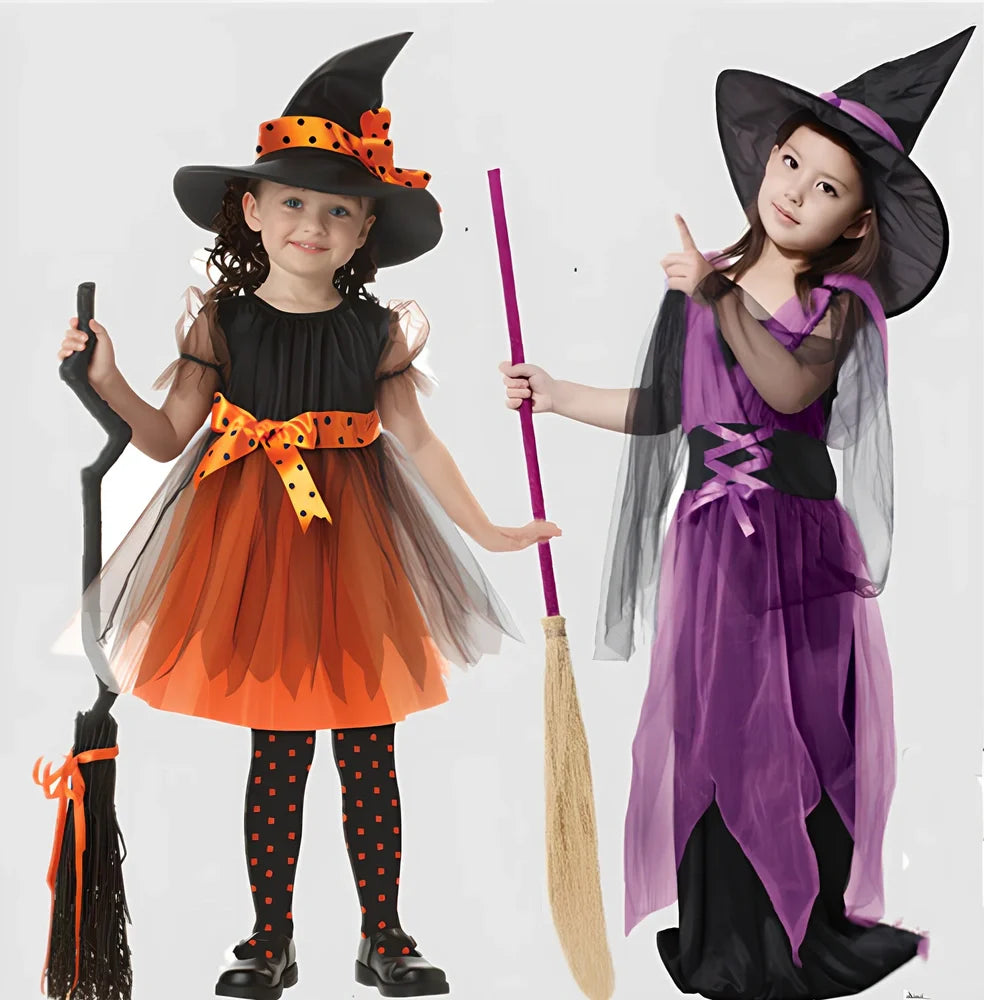 Child witches role play costume in purple linen, 90% composition, sizes 50-160cm with bat accessory option