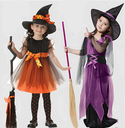 Child witches role play costume in purple linen, 90% composition, sizes 50-160cm with bat accessory option