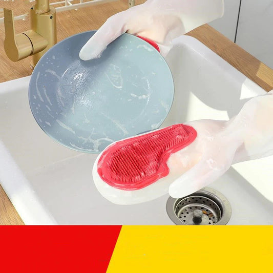 White transparent silicone dishwashing gloves for hygienic kitchen cleaning