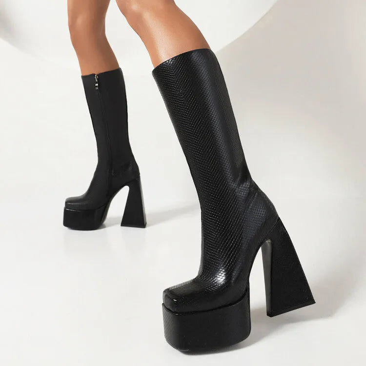 Women's black casual high boots with a PU upper, shown alongside red, blue, and white colour options.