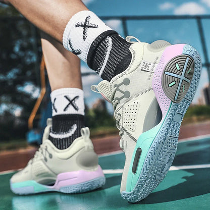 Cotton candy coloured basketball shoes with lace-up closure and rubber soles