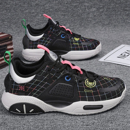 Cotton candy coloured basketball shoes with lace-up closure and rubber soles