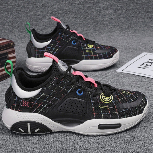 Cotton candy coloured basketball shoes with lace-up closure and rubber soles