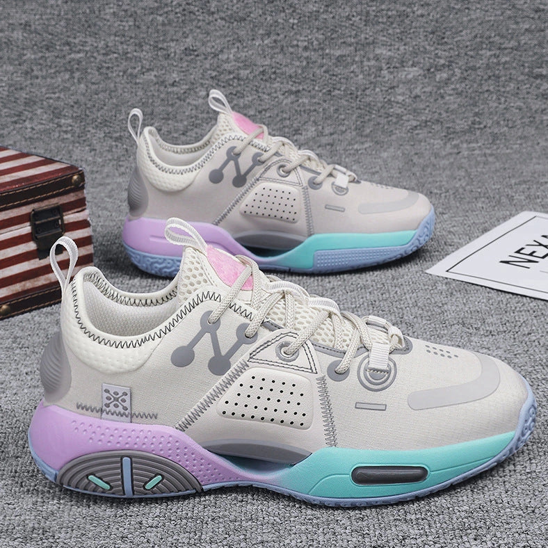 Cotton candy coloured basketball shoes with lace-up closure and rubber soles