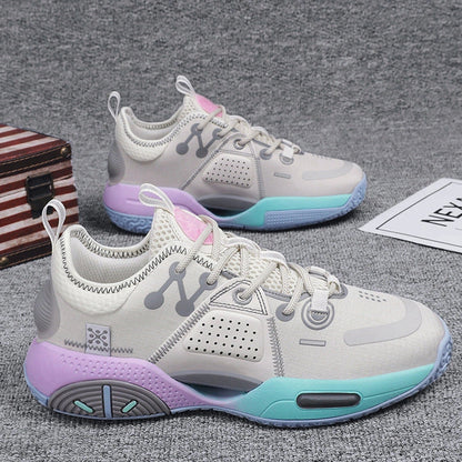 Cotton candy coloured basketball shoes with lace-up closure and rubber soles